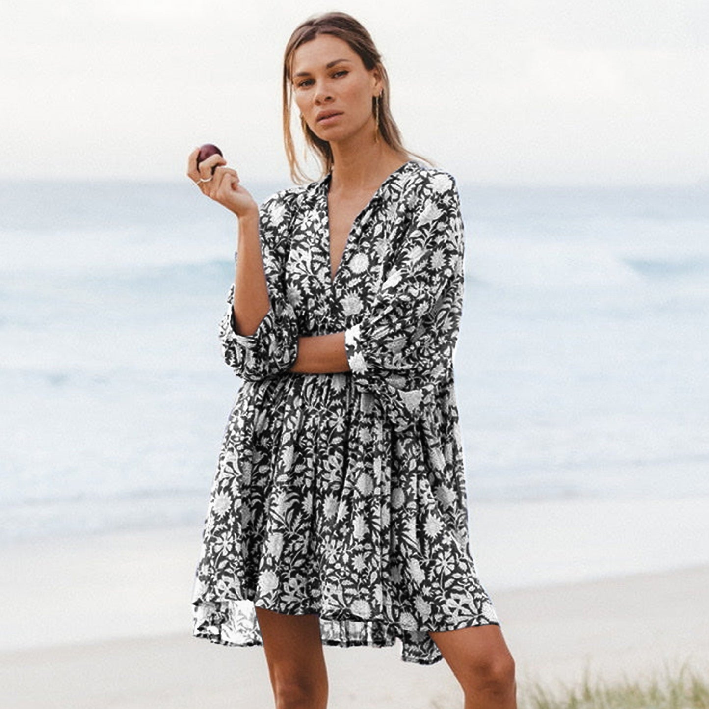 Fashion Women Floral Print Lace-Up V Neck Casual Loose Lantern Sleeve Dress