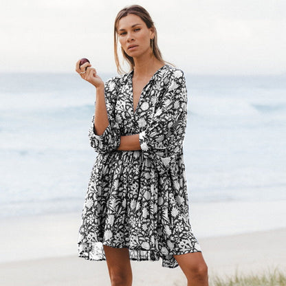 Fashion Women Floral Print Lace-Up V Neck Casual Loose Lantern Sleeve Dress