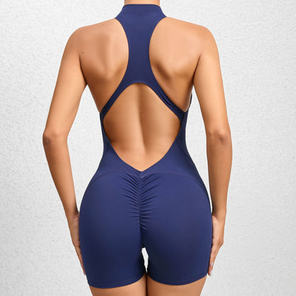 Women Fashion Casual Solid Color Backless Zipper Rompers