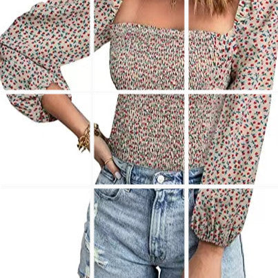 Camisa informal de color liso con cuello cuadrado y mangas abullonadas para mujer