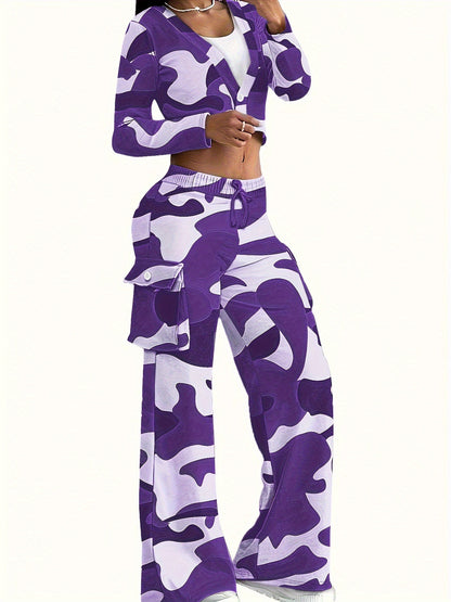 Conjunto de dos piezas de top corto de manga larga con estampado de camuflaje informal para mujer