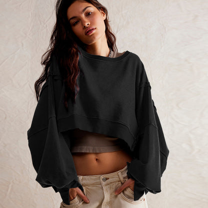 Sudadera corta informal de manga larga con cuello redondo y color liso para mujer