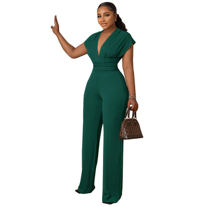 Women Fashion Casual Solid Color V-Neck Sleeveless Silm-Fit Jumpsuit