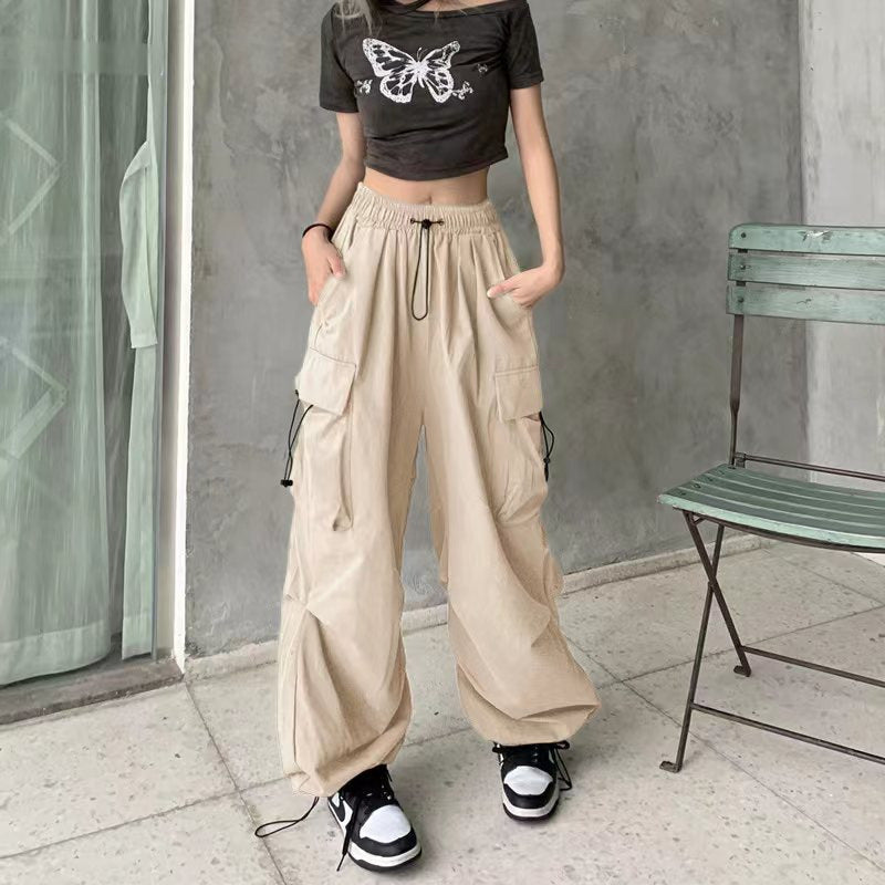 Pantalones cargo holgados de pierna de color sólido estilo retro informal para mujer