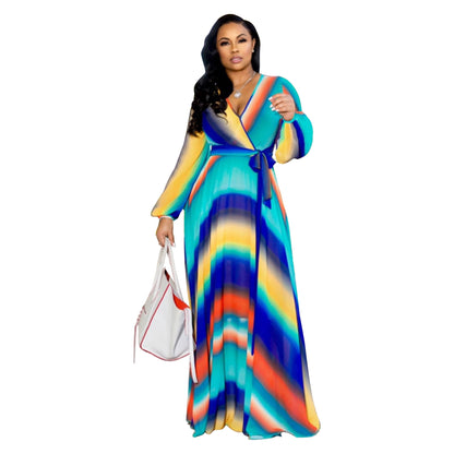 Women Fashion Casual Digital Printing V-Neck Long Sleeve Loose Dress