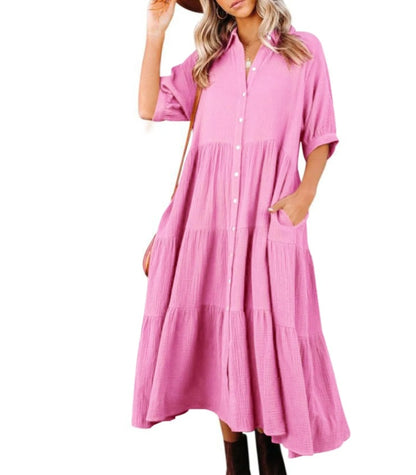 Summer Women Casual Solid Color Button Loose Shirt Dress