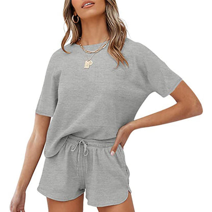 Women Solid Color Casual Homewear Short Sleeve Blouse And Shorts Set