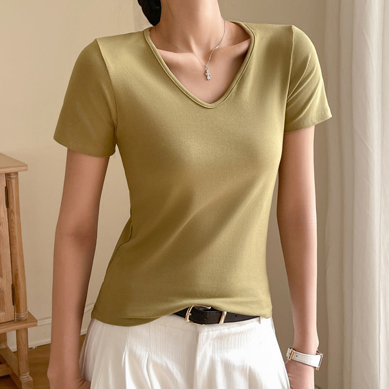Camiseta básica de verano para mujer, informal, de color liso, con cuello en V y manga corta