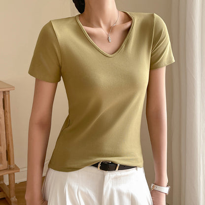 Camiseta básica de verano para mujer, informal, de color liso, con cuello en V y manga corta