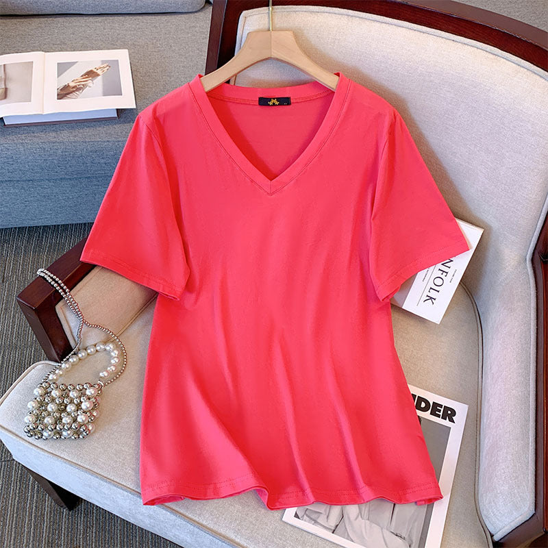 Camiseta informal de verano para mujer, color liso, cuello en V y manga corta