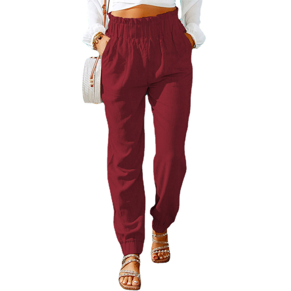 Women Ruffled Elastic Belt Mid Waist Solid Color Casual Jogger Pants