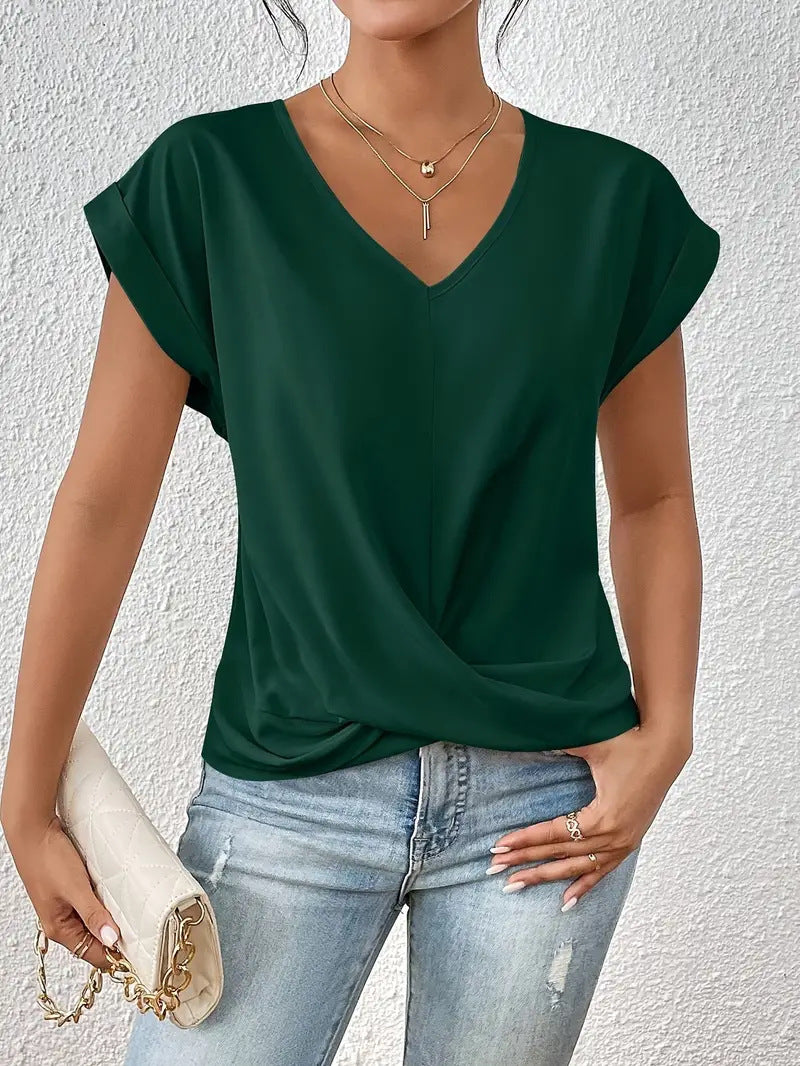 Camiseta informal de verano para mujer, color liso, cuello en V, manga corta, sin mangas