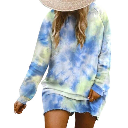 Women Fashion Casual Tie-Dye Printed Loose Long Sleeve Dress