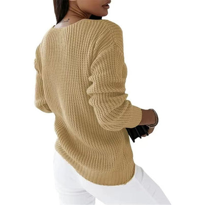 Women Fashion Casual V-Neck Long Sleeve Solid Color Knitted Sweater