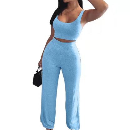 Women Fashion Casual Solid Color Tank Top High-Waiste Loose Pant Two-Piece Set