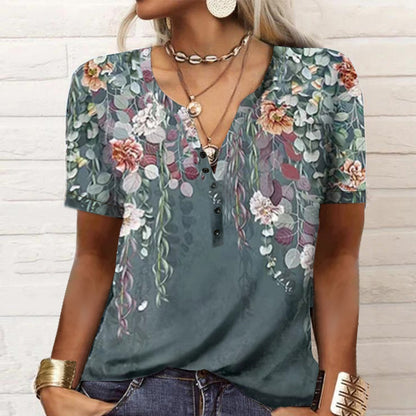 Camiseta informal de manga corta con estampado floral para mujer