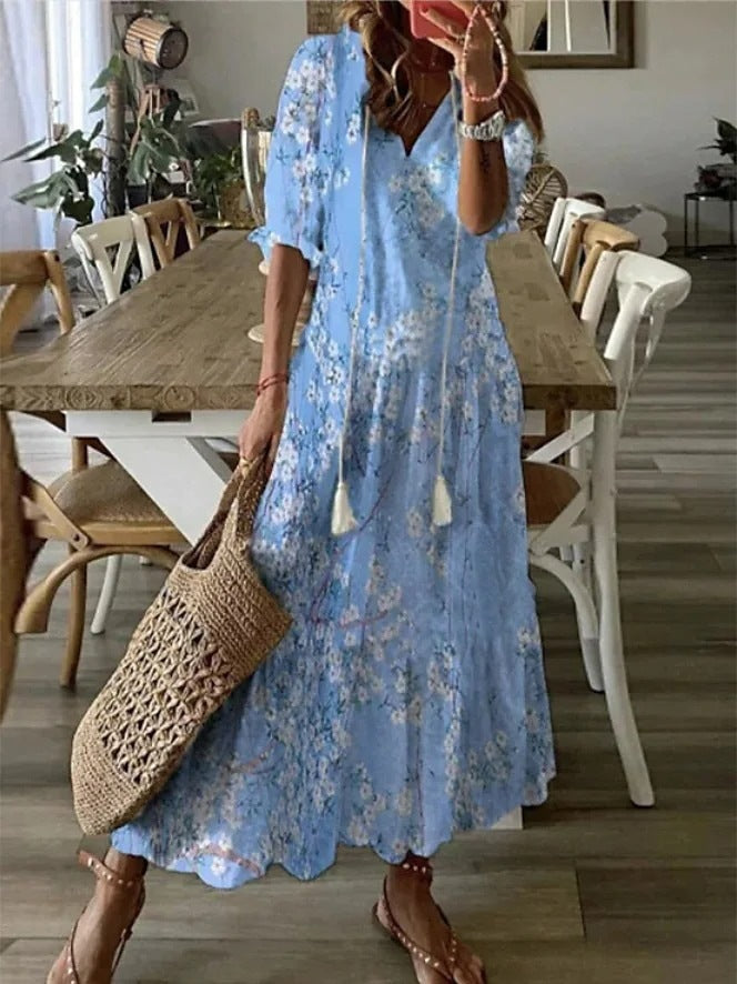 Women Casual Loose V Neck Floral Maxi Dress
