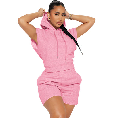 Women Fashion Casual Sports Style Solid Color Short Sleeve Hooded Top Shorts Two-Piece Set
