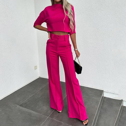 Conjunto de dos piezas formado por camiseta y pantalón ancho, manga larga, cuello redondo, color liso, informal, para mujer