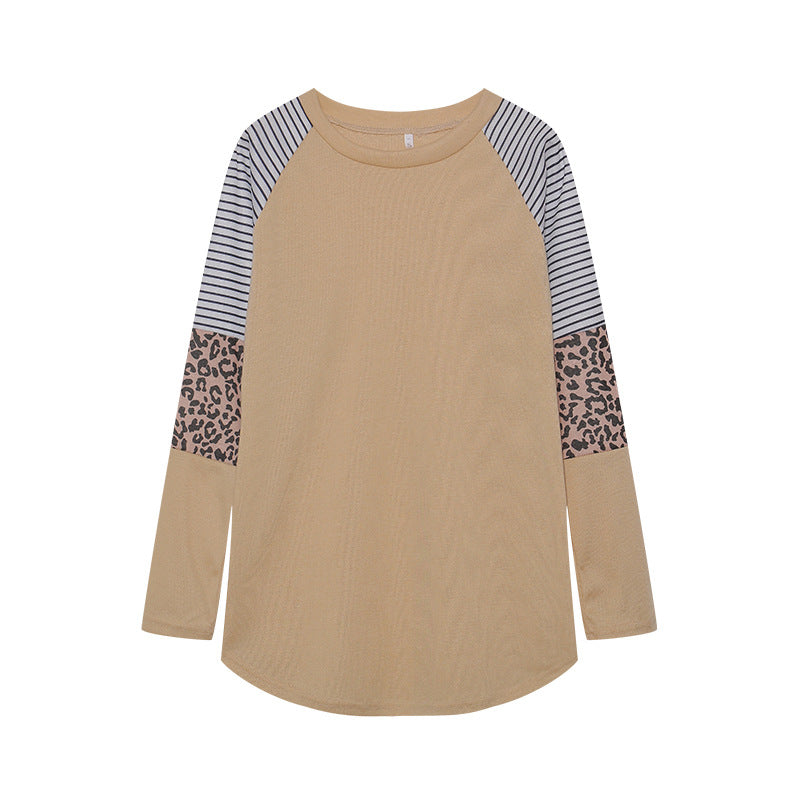 Camiseta informal de manga larga con cuello redondo y rayas de leopardo para mujer de otoño