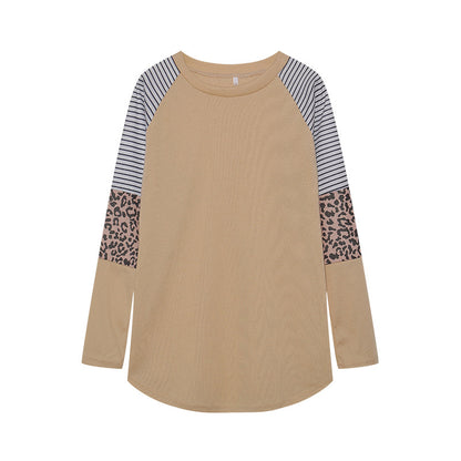 Camiseta informal de manga larga con cuello redondo y rayas de leopardo para mujer de otoño