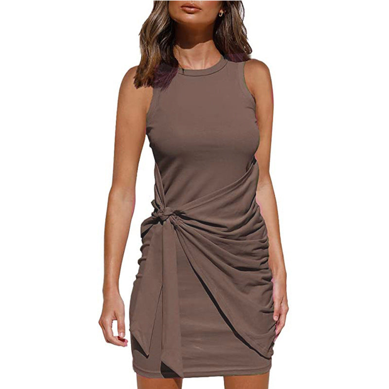 Vestido informal sin mangas con lazo de color liso a la moda para mujer