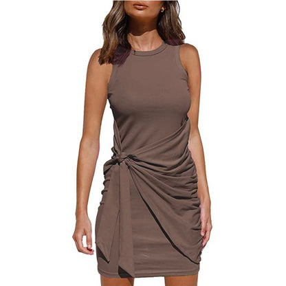 Vestido informal sin mangas con lazo de color liso a la moda para mujer