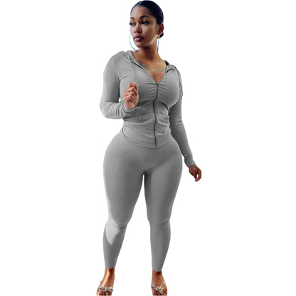 Conjunto deportivo informal para mujer, con capucha y pantalones ajustados, color liso, con cremallera