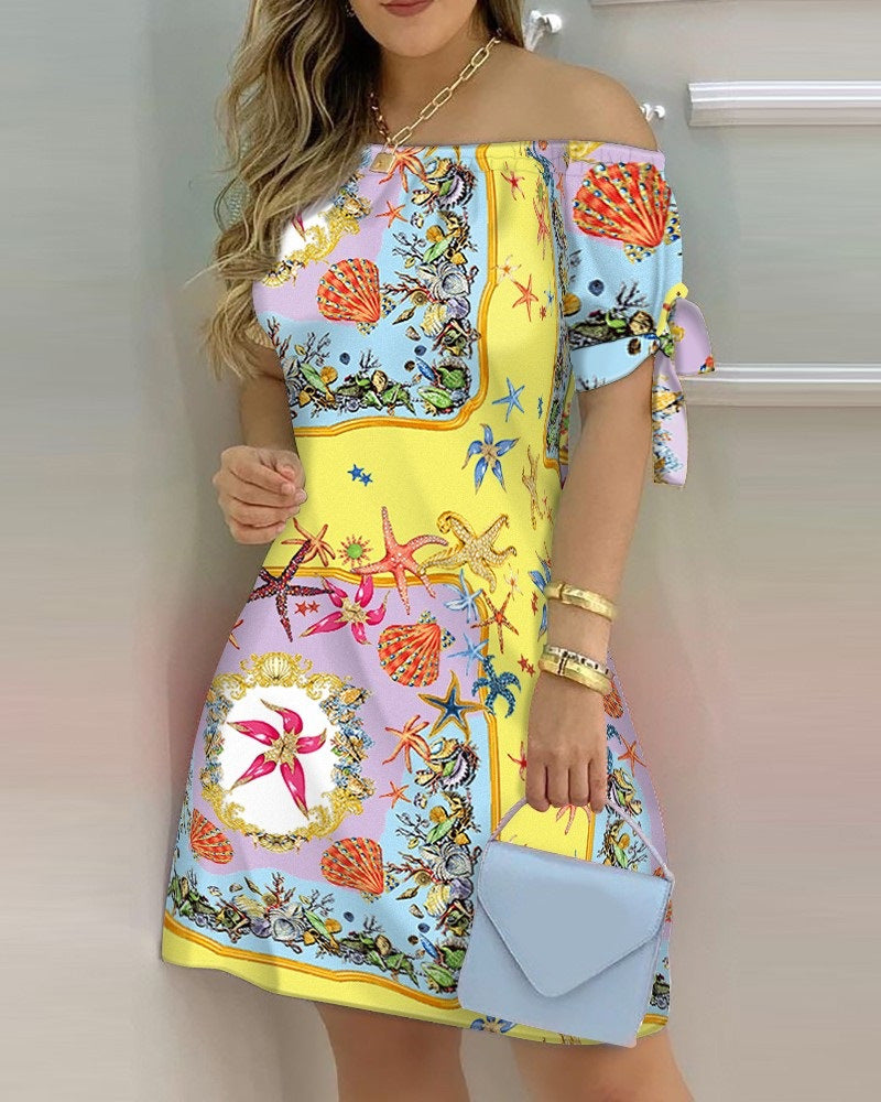 Women Casual Off-The-Shoulder Short Sleeves Color Blocking Dress