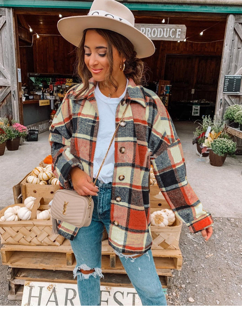 Chaqueta informal de otoño para mujer, con solapa, manga larga y botones, con bloques de color y cuadros