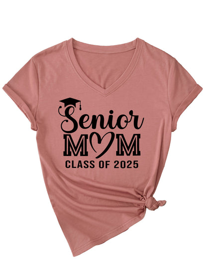 Camiseta informal de verano para mujer, color liso, con estampado de letras Mom, cuello en V y manga corta 2025