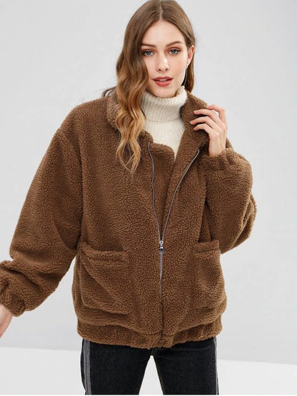 Abrigo de peluche de manga larga con bolsillo y solapa de color liso para mujer, informal, de invierno