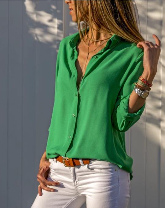 Blusa informal básica de gasa con botones y manga larga para mujer