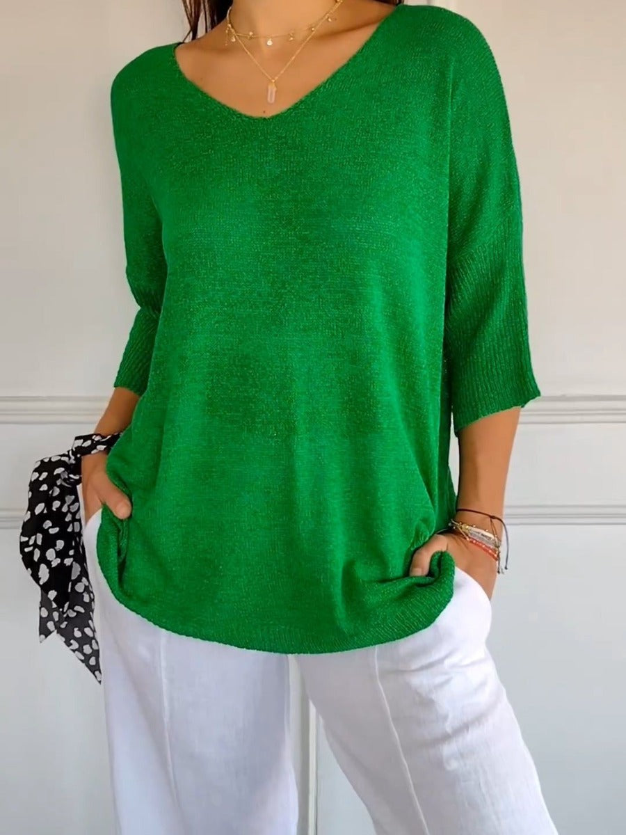 Women Fashion Casual V-Neck Solid Color Knit Sweater