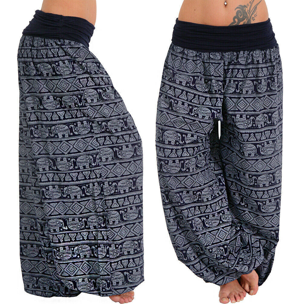 Women Casual Loose Printed High Waist Plus Size Wide Leg Pants