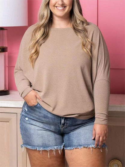 Camiseta informal de manga larga con cuello redondo y color liso para mujer