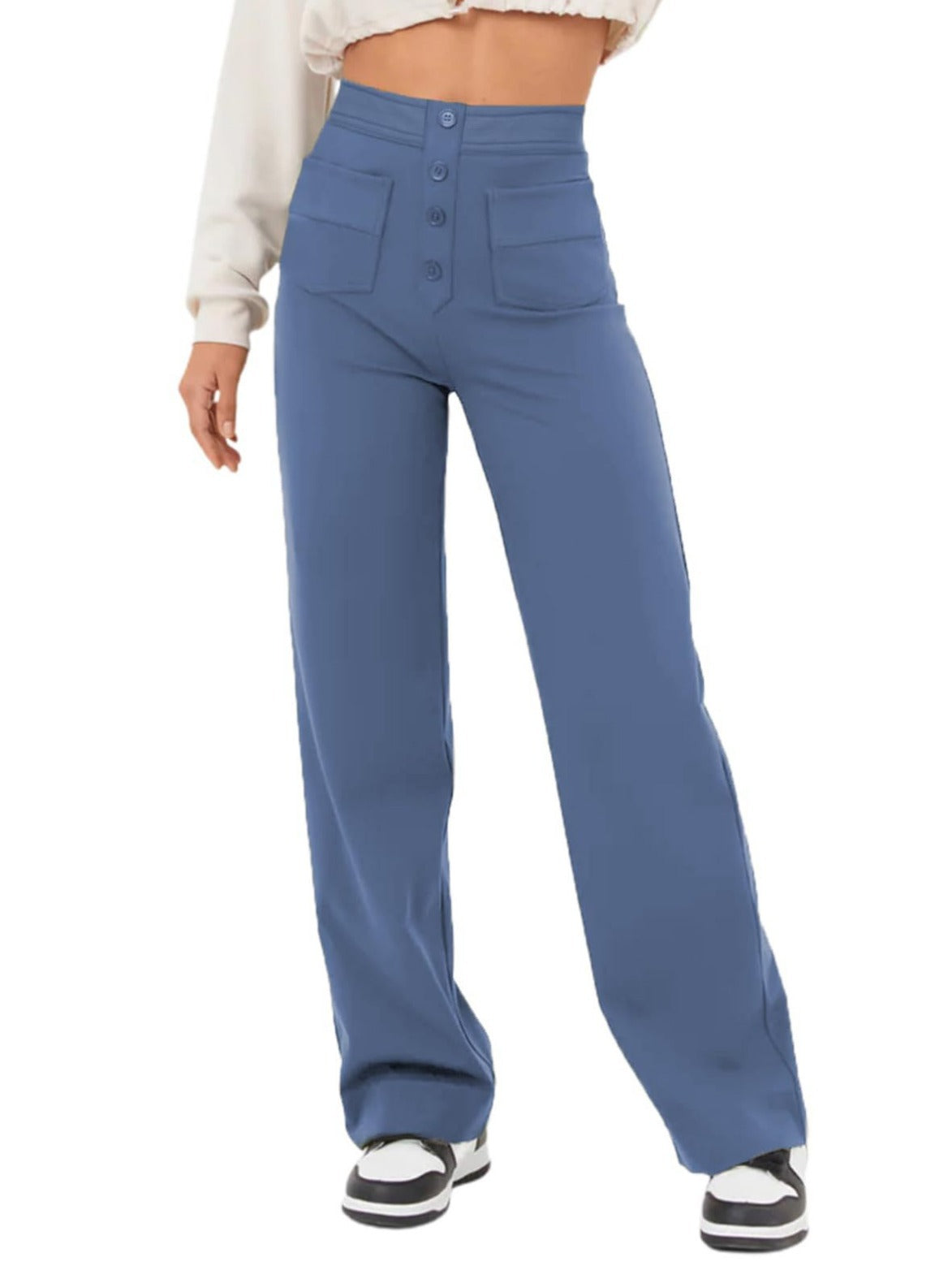 Fashion Women Casual Straight High Waist Button Elastic Multiple Pockets Pants
