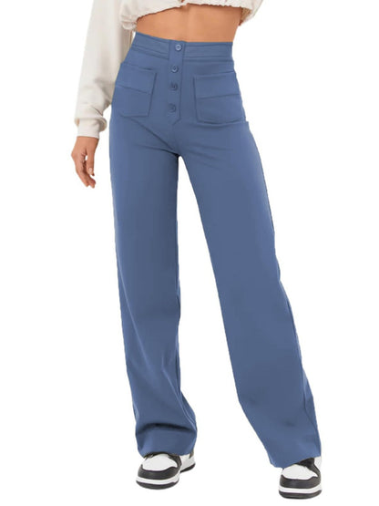 Fashion Women Casual Straight High Waist Button Elastic Multiple Pockets Pants