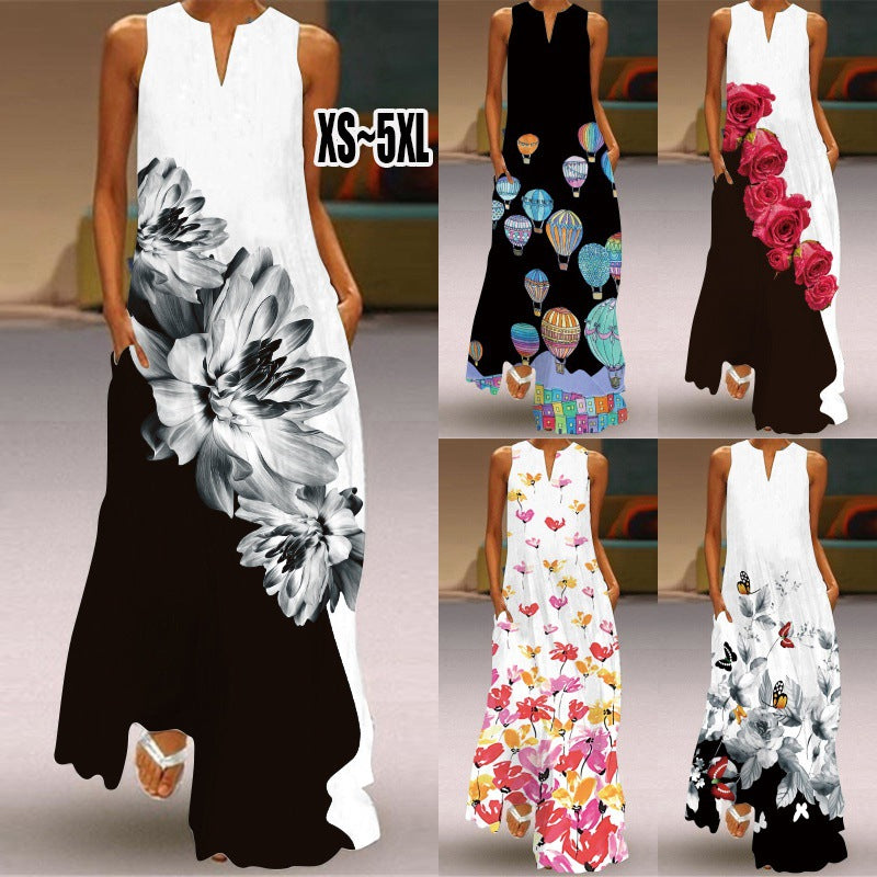 Women Plus Size Casual Fashion Boho Style Floral Heart Print Sleeveless Maxi Loose Dress