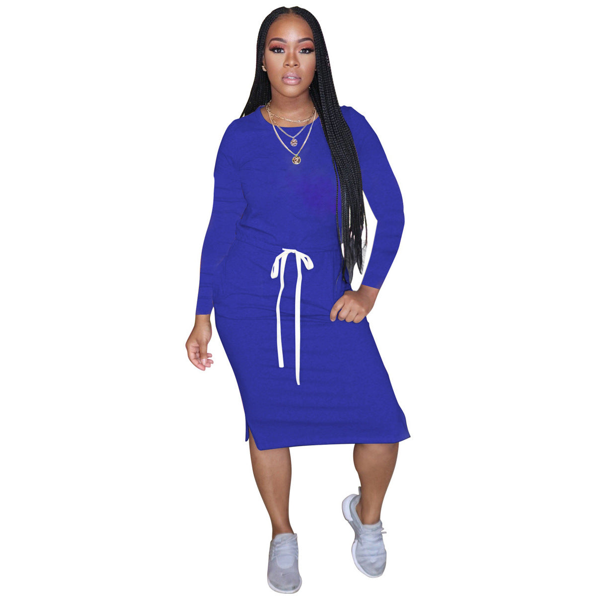 Classic Simple Casual Solid Color Long Sleeve Women Drawstring Dress
