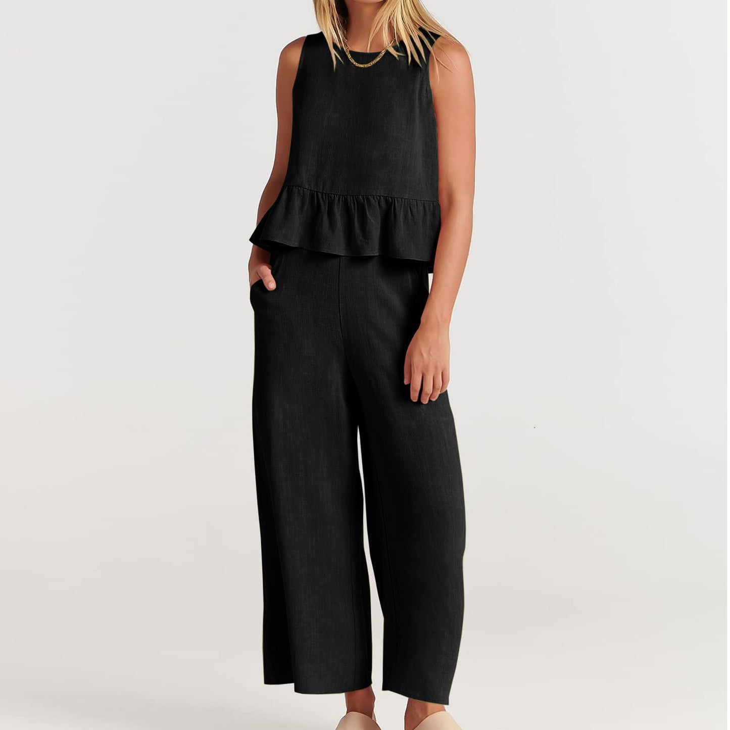 Conjunto de pantalón holgado sin mangas con volantes informales de color liso para mujer