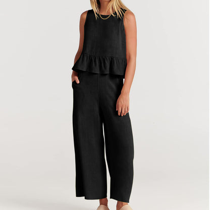 Conjunto de pantalón holgado sin mangas con volantes informales de color liso para mujer