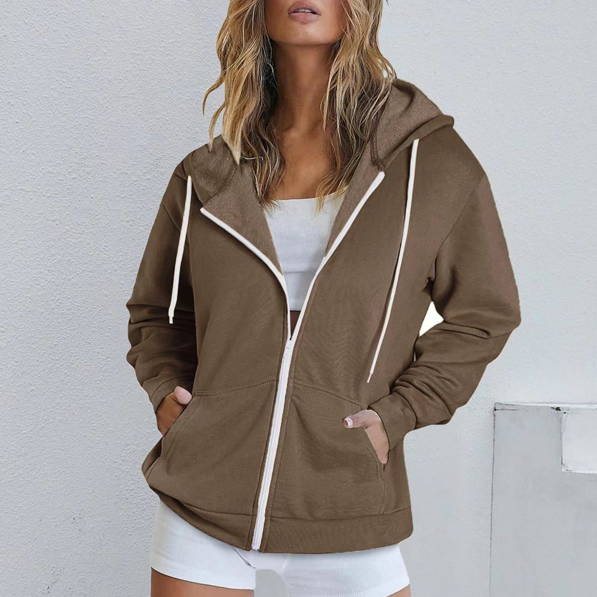 Women Fashion Casual Solid Color Drawstring Zipper Long Sleeve Hooded Sweatshirt Jacket