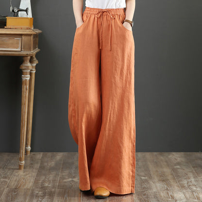 Women Fashion Casual Solid Color Cotton Linen High Waist Wide Leg Pants