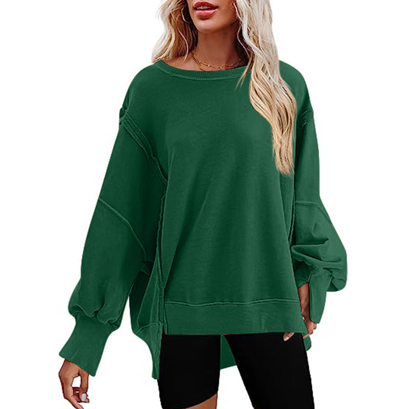 Women Fashion Casual Solid Color Round Neck Split Sweatshirt