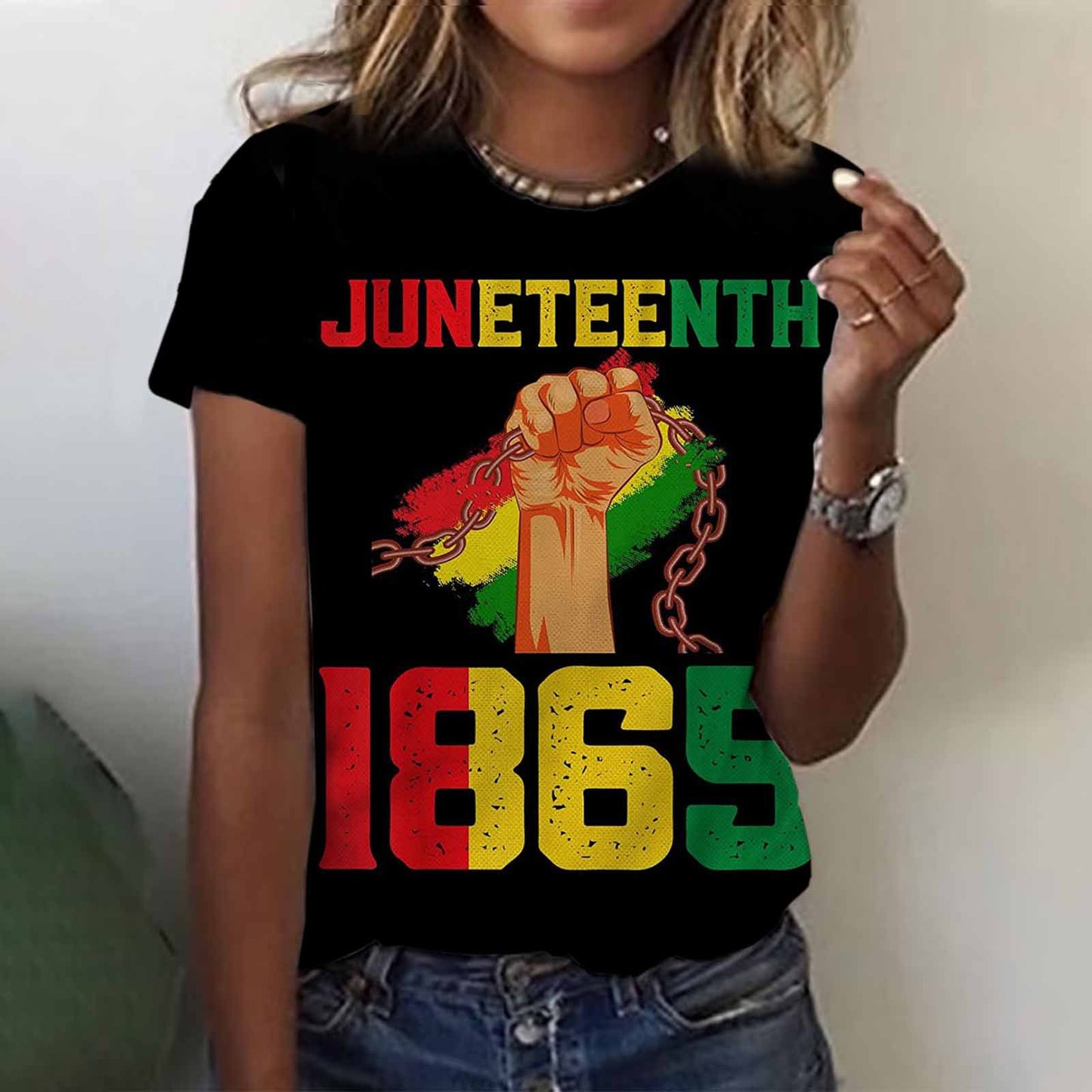 Camiseta informal de manga corta con cuello redondo para mujer, con estampado digital 3D del Día de la Liberación Negra de Juneteenth