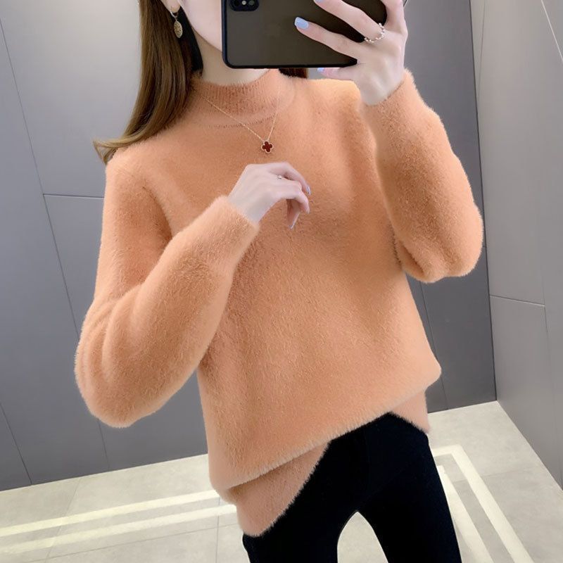 Suéter de felpa grueso y suelto con cuello medio alto de color liso informal a la moda para mujer