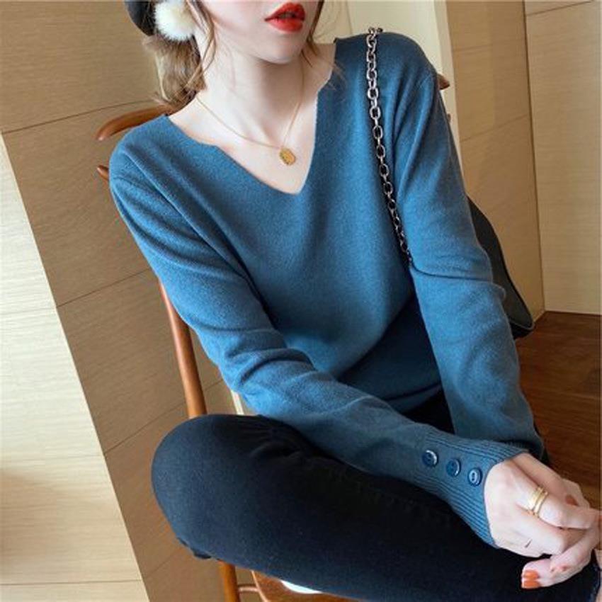 Women Casual Solid Color V-Neck Knitted Long Sleeve Sweater