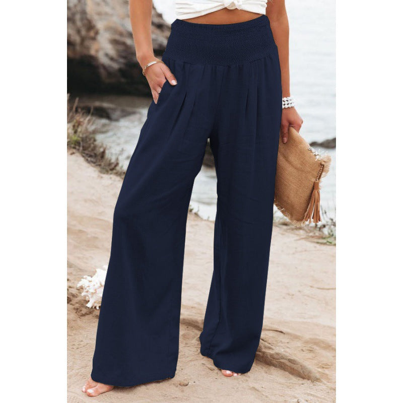 Women Fashion Casual Solid Color Cotton Linen Elastic-Waist Wide Leg Pants