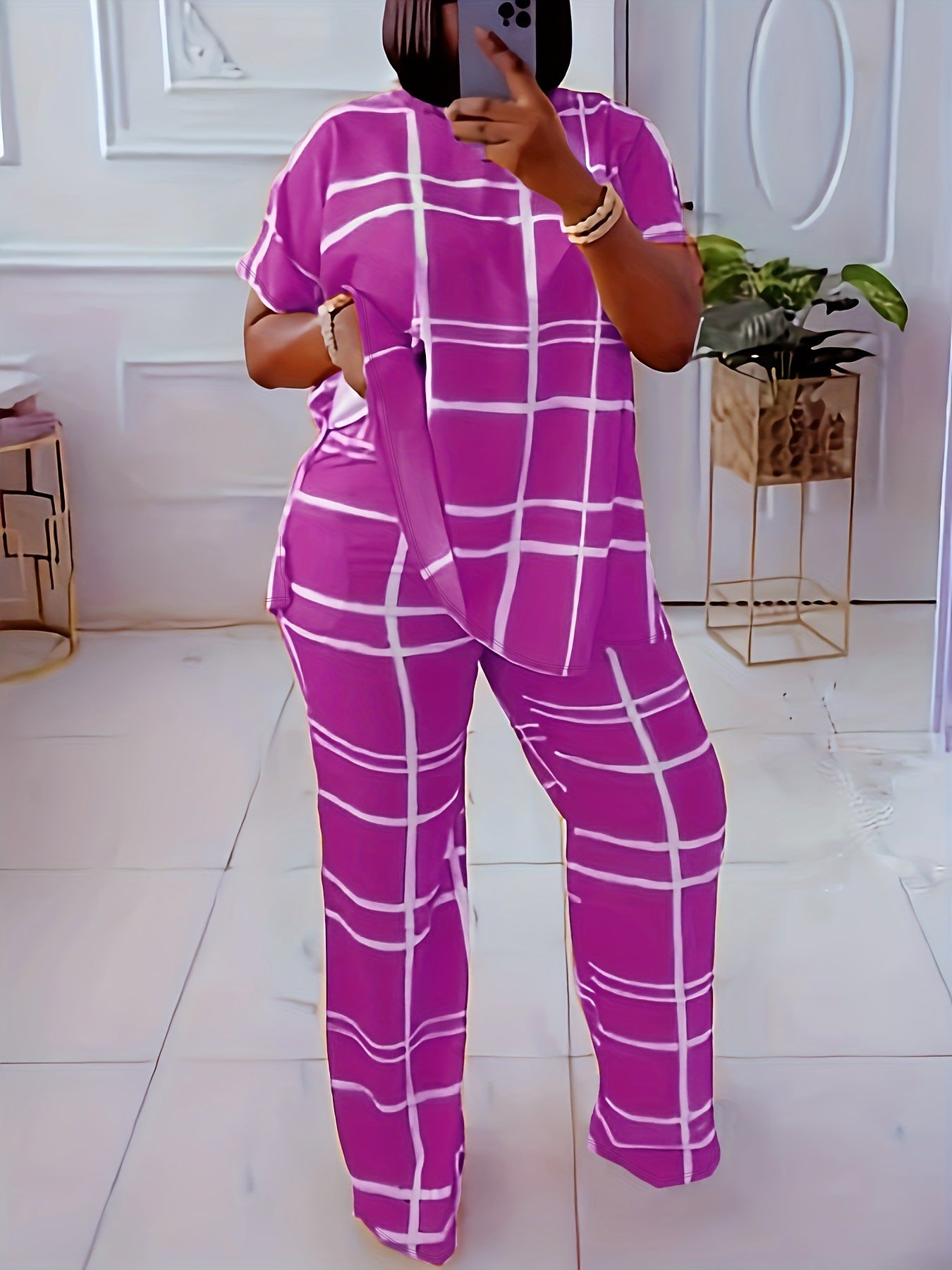 Conjunto de dos piezas informal de talla grande para mujer, con estampado a cuadros, manga corta, pantalones anchos